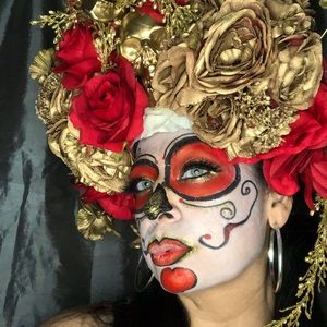 DAY OF THE DEAD HEADPIECE diosa amorosa with RED N GOLD